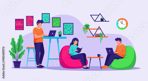 Diverse group of people working and relaxing in a modern coworking space.