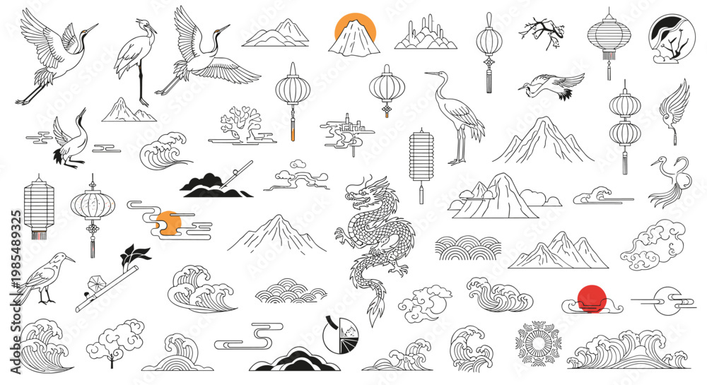 Obraz premium Large collection of traditional Chinese and Japanese cultural symbols includes dragons, cranes, lanterns, mountains, and waves in line art.