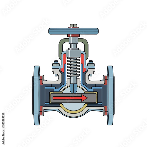 Industrial Gate Valve Cross-Section Diagram with Flow Arrow - Engineering Illustration