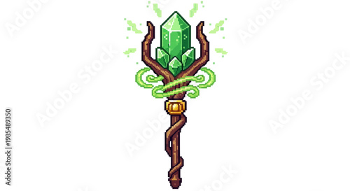 Enchanted Emerald Crystal Staff Magical Artifact.