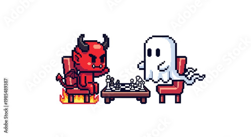 Cute Devil and Ghost Playing Chess Game Together.
