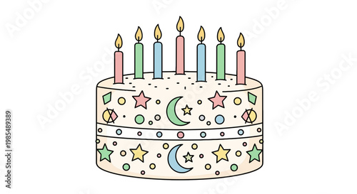 Birthday cake with colorful candles.