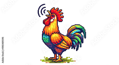 Colorful Rooster Crowing Loudly with Sound Waves.