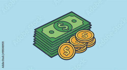 Isometric illustration of a stack of dollar bills and gold coins