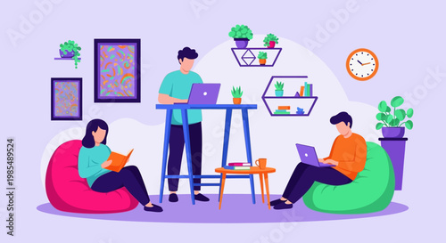 Diverse group of people working and studying in a modern co-working space.