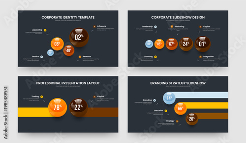 Service Solution Four Five Two Three Step Diagram Slide Template Vector Illustration Set. Market Growth 4 5 2 3 Option Graph Slideshow Design Collection.