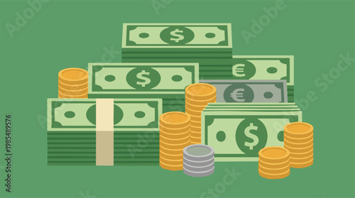 Flat Design Illustration of Money: Dollar and Euro Bills with Coins