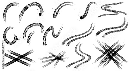 Tire tread marks after skidding, launch, drift, powerslide in motorsport, rally, off-road, motocross. Wheel texture with splash effect. Vector, transparent background SVG version.