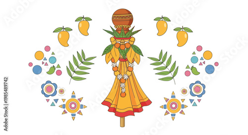 Vibrant colorful doll with flowers.