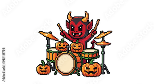 Cute Devil Playing Halloween Drum Set with Pumpkins.