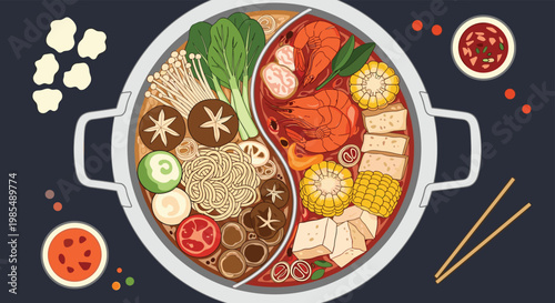 Top-down view of a traditional Chinese hot pot features two compartments with various ingredients like shrimp, corn, mushrooms, and noodles.