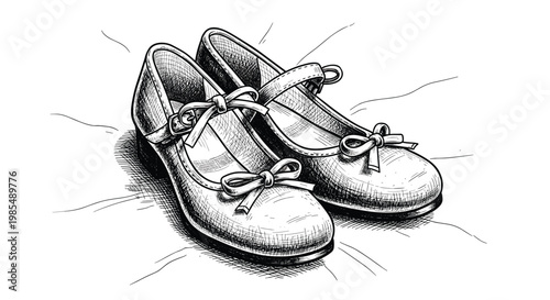 Vintage style hand-drawn sketch of a pair of classic Mary Jane shoes with delicate bows and straps is shown on a lightly textured background.