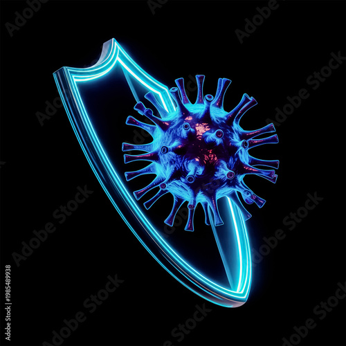 virus protection shield, neon immune system defense, 3d medical icon