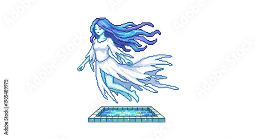 Ethereal Blue Haired Ghost Woman Floating Above Water.