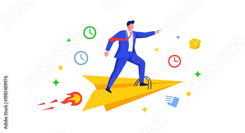 Businessman riding a paper airplane towards success and goals.