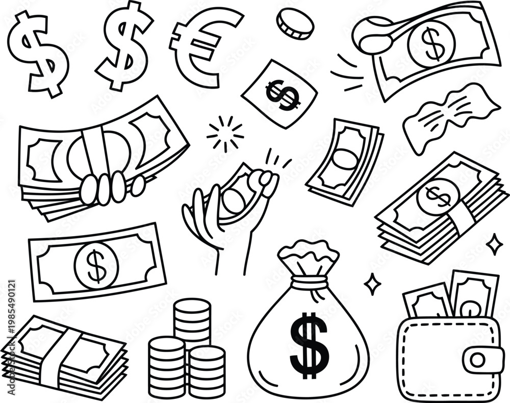 Fototapeta premium Black and white illustration of various money and financial symbols including dollar signs coins banknotes wallet and money bag