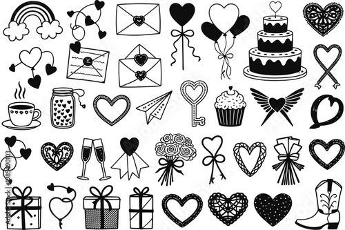 Black and white Valentines Day themed doodle illustrations of hearts gifts cakes and romantic symbols  various cute hand drawn love and wedding icons