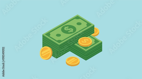 Isometric stacks of dollar banknotes and gold coins on a light blue background