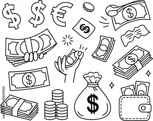Black and white illustration of various money and financial symbols including dollar signs coins banknotes wallet and money bag