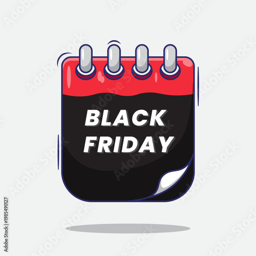 Black Friday sale calendar page with red top and white text on gray background  shopping event