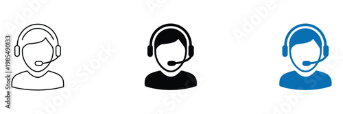 Three variations of a customer service representative icon with a headset, modern icon set showing support staff avatars with communication headsets, minimal design for  systems, apps, and service 