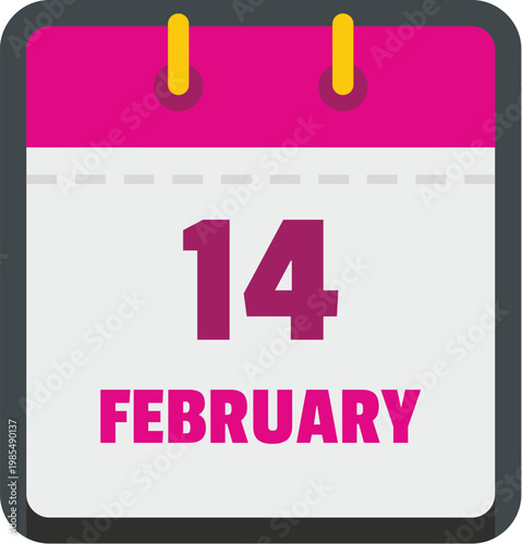 Bright pink calendar page showing date February 14 with clip pins isolated on transparent background