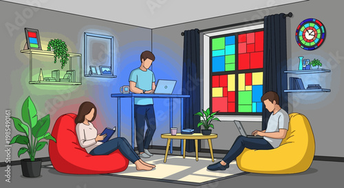 Diverse group working collaboratively in a modern office space.