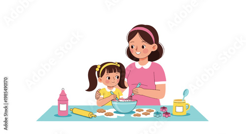 Woman and girl baking cookies together.