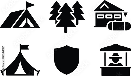 Black silhouette icons representing camping outdoors and park ranger elements