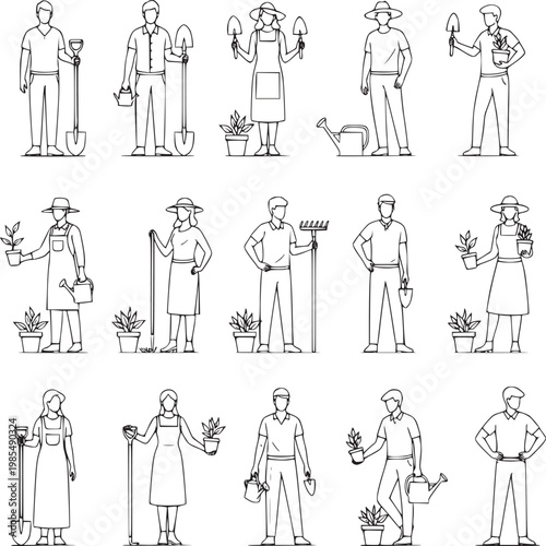 flat design gardening icons set with diverse people planting and watering plants in various styles