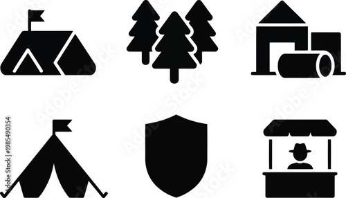 Black silhouette camping and adventure icons set for outdoor activities