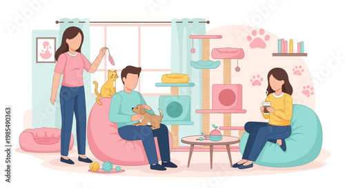 Family enjoying time with cats in a cozy living room.