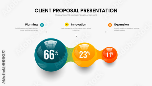 Investor Showcase Presentation Template Vector Illustration. Project Profile 3 Element Chart Slide Design. Corporate Overview Three Step Diagram Frame Layout.