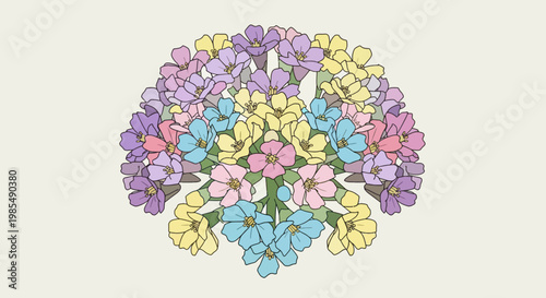 Colorful hydrangea flowers in bloom bunch.