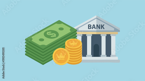 Financial concept with bank building, stack of money, and gold coins.