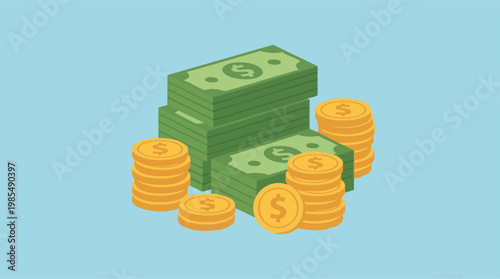 Isometric illustration of stacks of money bills and gold coins on blue background