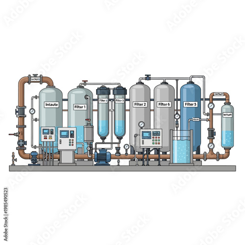 Industrial Water Purification System with Filters, Tanks, and Pumps