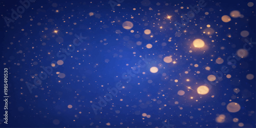 Abstract sparkling golden bokeh dots float against a deep blue backdrop, creating a captivating visual texture. Ideal for evoking a sense of celebration, fantasy, or ethereal beauty.