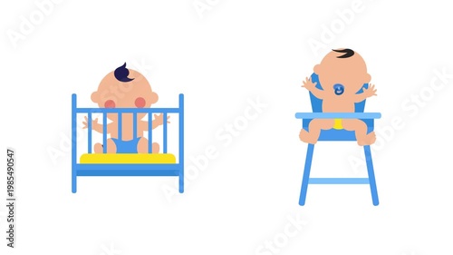 Baby resting in crib and highchair. Baby activity Icon concept. Full length Icon animation illustration. High quality 4k footage