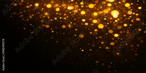 Abstract a cascade of glowing golden bokeh orbs on a deep black canvas create a sense of magic. It's a celebratory and dreamy aesthetic perfect for adding a touch of enchantment and elegance.