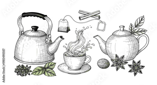 Detailed black and white sketch features a tea set with a kettle, teapot, and splashing tea in a cup surrounded by tea leaves and spices.