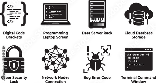 Coding, programming, and database icons, digital code, cybersecurity, bug fix