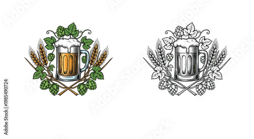 Pair of vintage style beer emblems featuring a full foaming mug of ale surrounded by hops and wheat stalks in color and black and white.