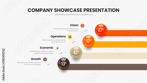 Creative Performance Slide Design Vector Illustration. Corporate Plan 4 Element Infographic Presentation Template. Investor Innovation Four Step Chart Slideshow Layout.