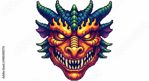 Fierce Dragon Head Illustration with Spiky Horns and Glowing Eyes.