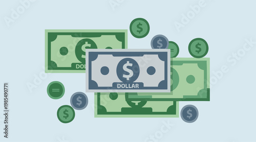 Dollar Banknotes and Coins in Flat Design for Finance and Business Concepts