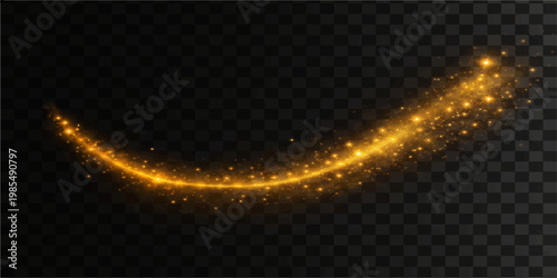 Abstract captivating golden curve composed of shimmering light particles gracefully arc across a black backdrop, producing a visual experience.