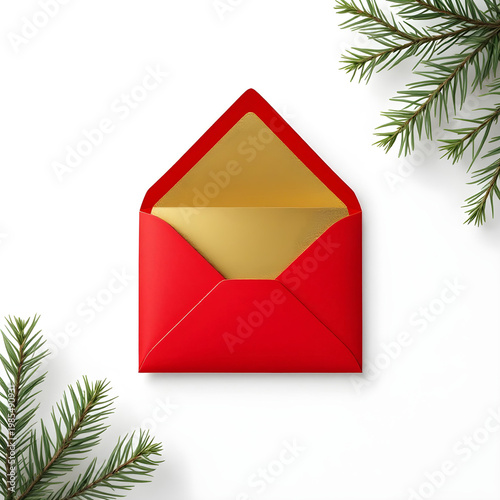 Red holiday envelope with gold lining, isolated on white