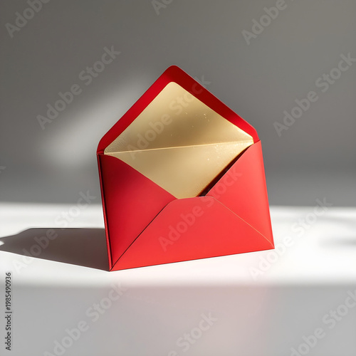 Red holiday envelope with gold lining, isolated on white