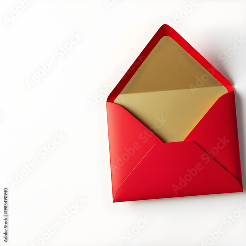 Red holiday envelope with gold lining, isolated on white